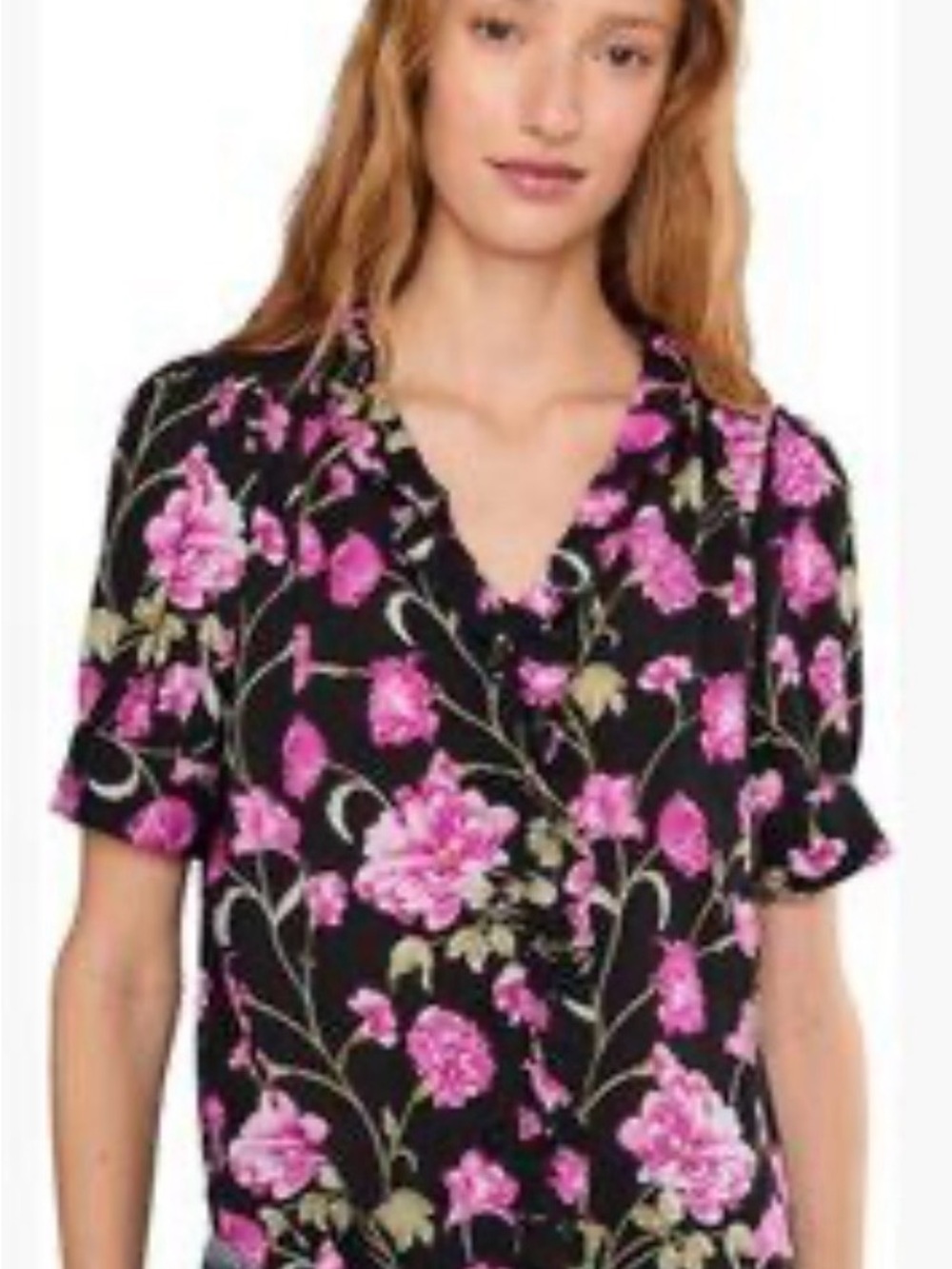 Rose + Olive Floral V-Neck Short Sleeve Top - Black with Pink Floral